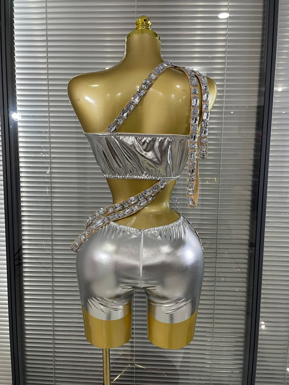 Silver Crystal Perspective Two Pieces Costume Set Performance Dancer Singer Nightclub Women's Outfit