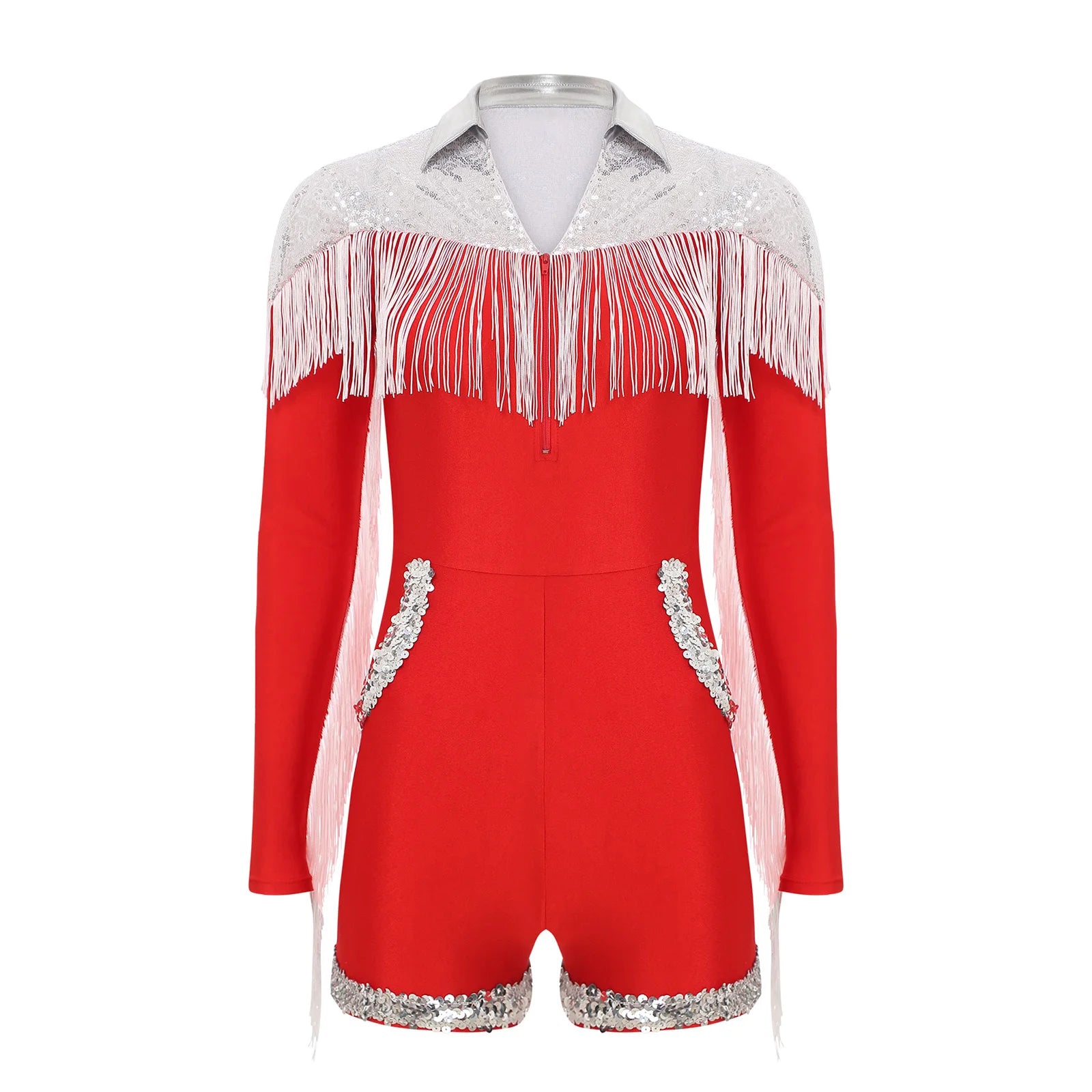 Western Cowgirl Sequin Fringe Long Sleeve Bodysuit Disco Dancewear Romper