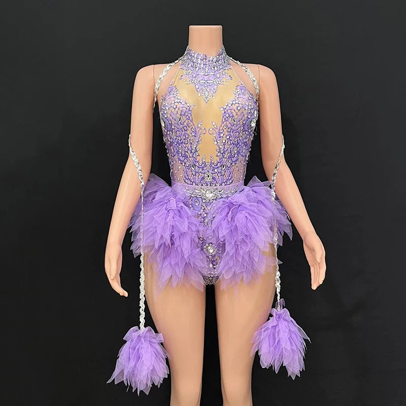 Rhinestone Feather Embellished Bodysuit & Showgirl Stage Dance Costume