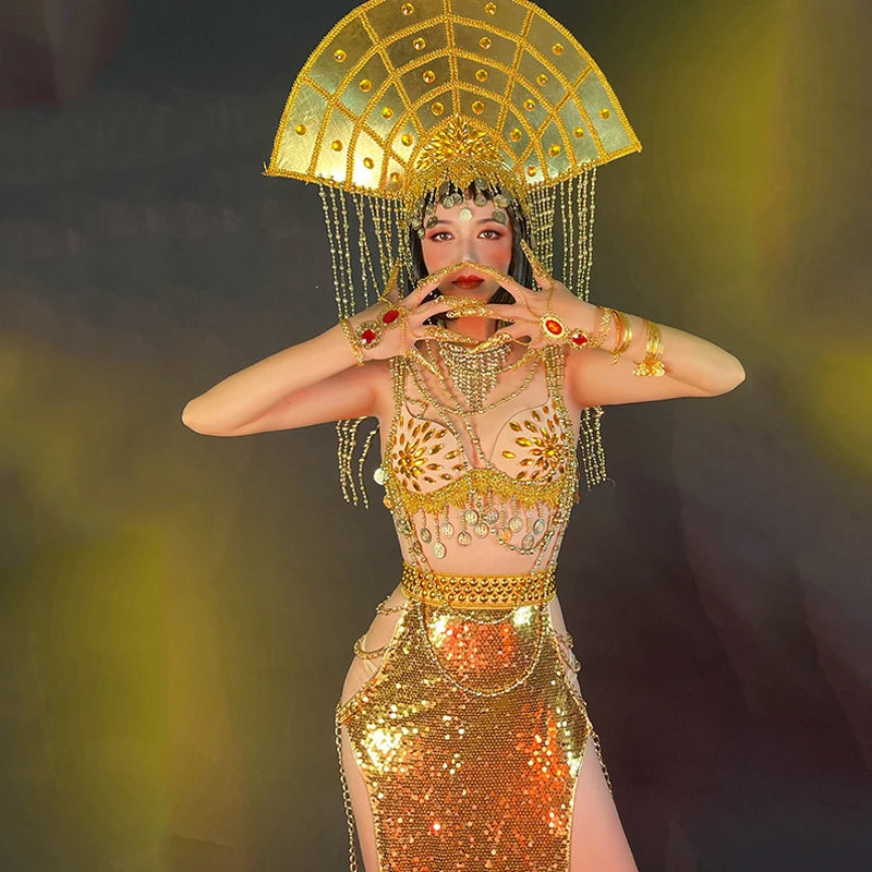 Egyptian Dance Queen Gold Rhinestone Bikini & Sequins Skirt Stage Performance Costume Set