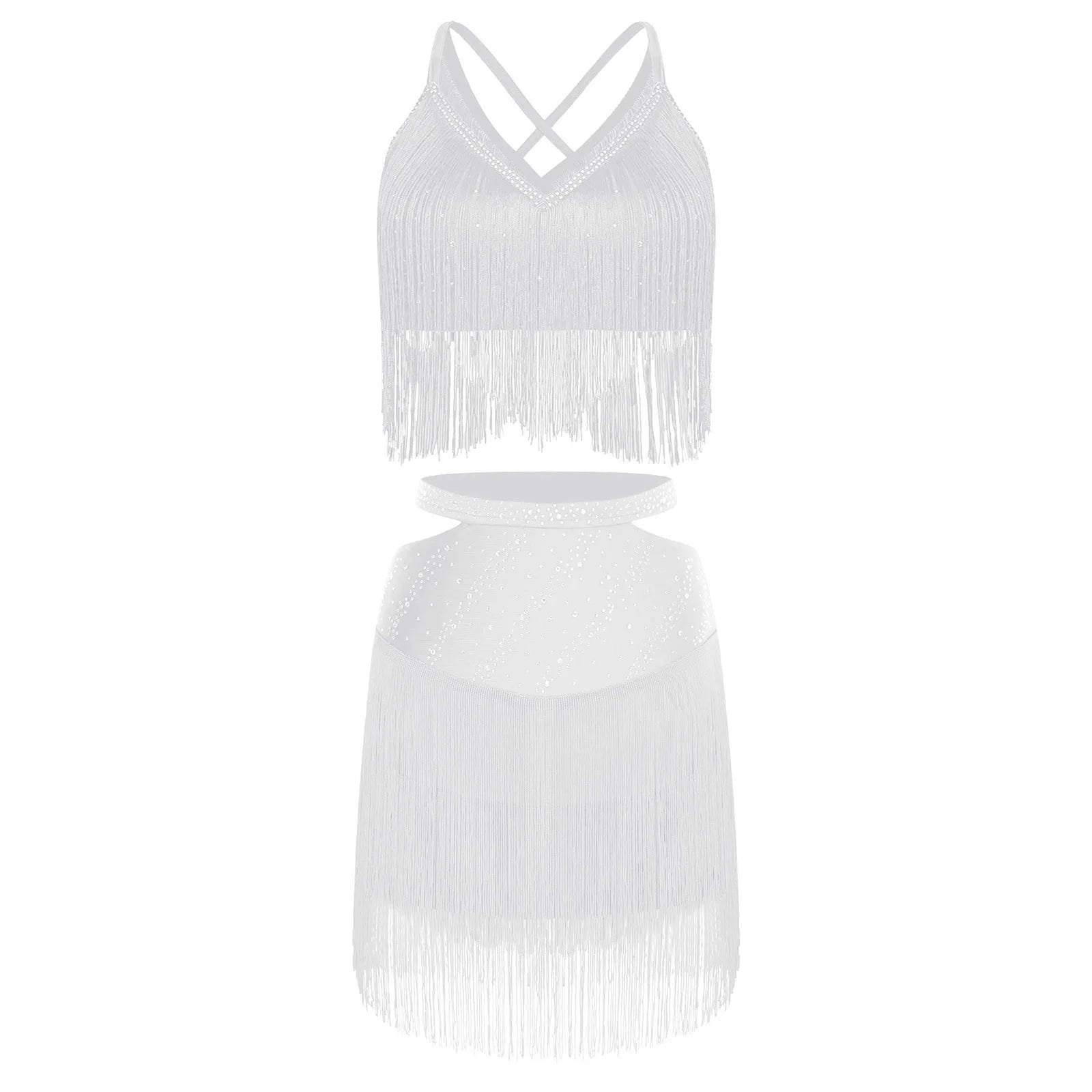 Sparkly Rhinestone & Tassel Fringe Two-Piece Latin Tango Dance Outfit Set