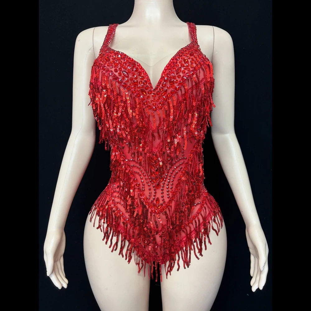 Sparkly Rhinestone & Tassel Bodysuit Stage Performance Dance Costume