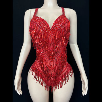 Sparkly Rhinestone & Tassel Bodysuit Stage Performance Dance Costume