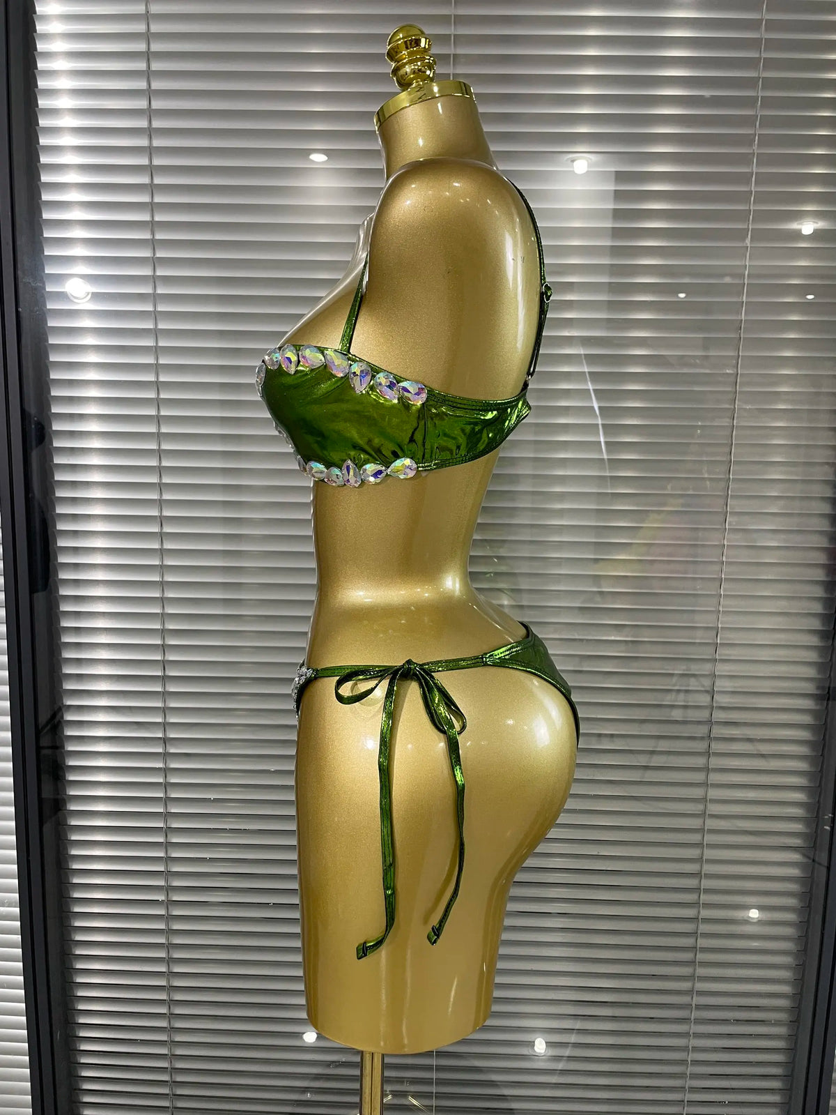 Green Color Women Sexy Shining Rhinestones 2 Pieces Costume Set Showgirl Stage Performance Swimwear