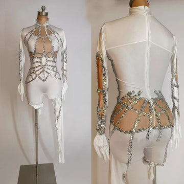 White Sequin Stretch Performance Jumpsuit