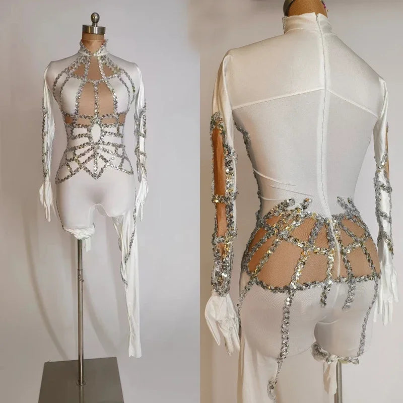 White Sequin Stretch Performance Jumpsuit