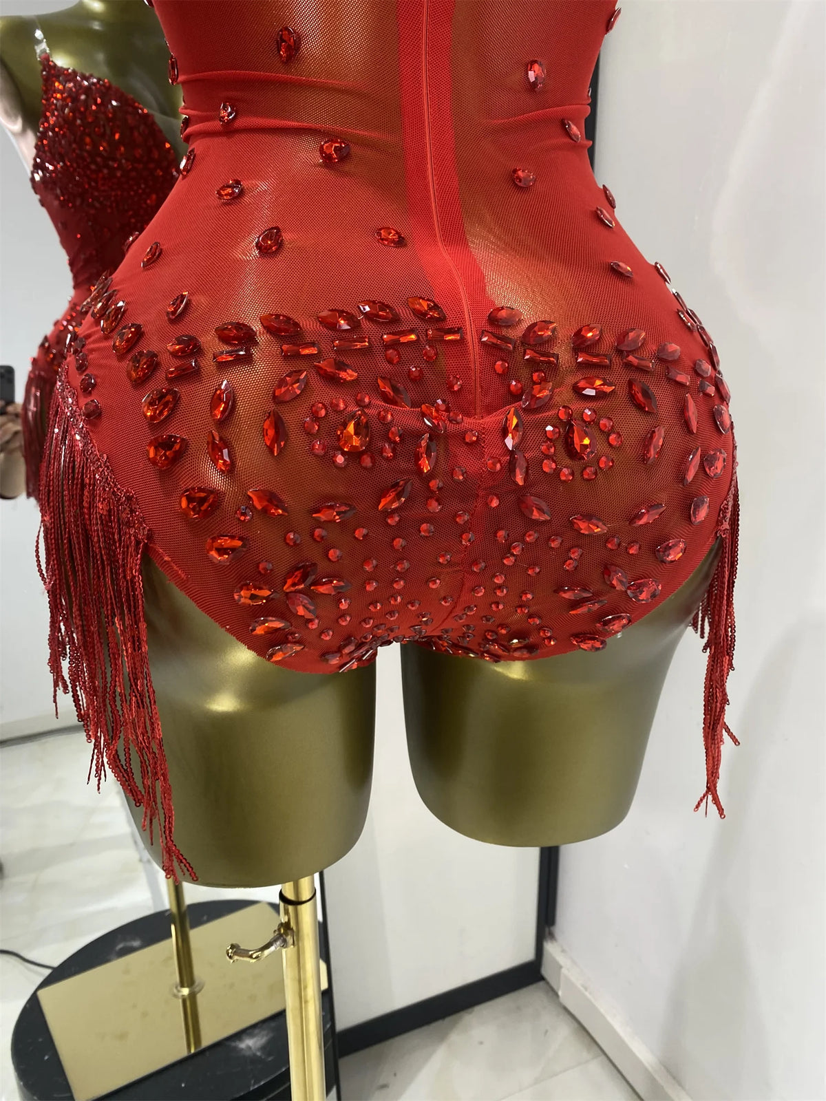 Vintage-Inspired Shiny Rhinestones Tassel Mesh Bodysuit Costume Set
