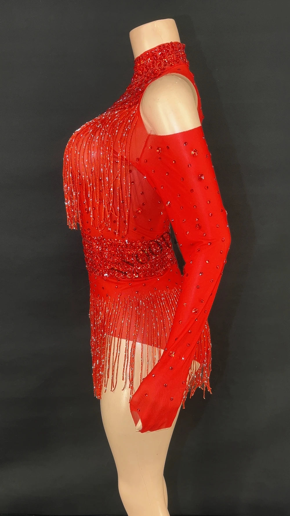 Sparkly Red Rhinestone & Fringe Long-Sleeve Mesh Bodysuit Dance Stage Costume