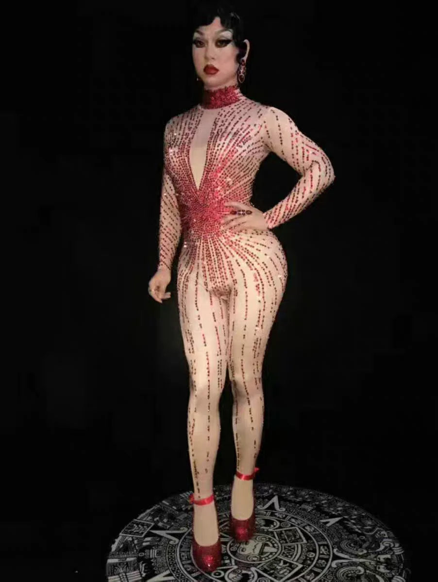 Crimson Red Rhinestone Catsuit Long Sleeve Illusion Stage Performance Jumpsuit