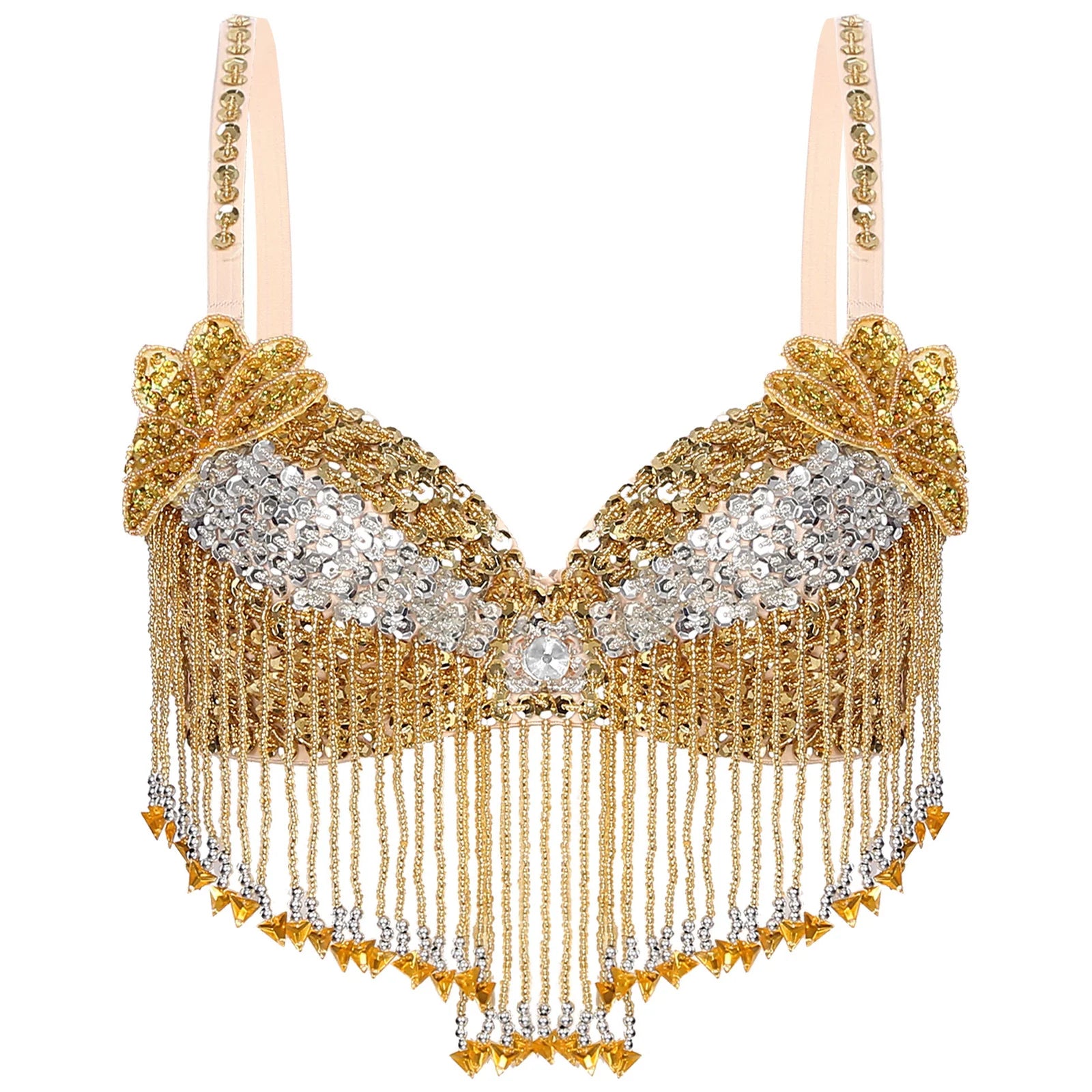 Sparkly Floral Beaded Sequin Belly Dance Bra & Tassel Performance Top
