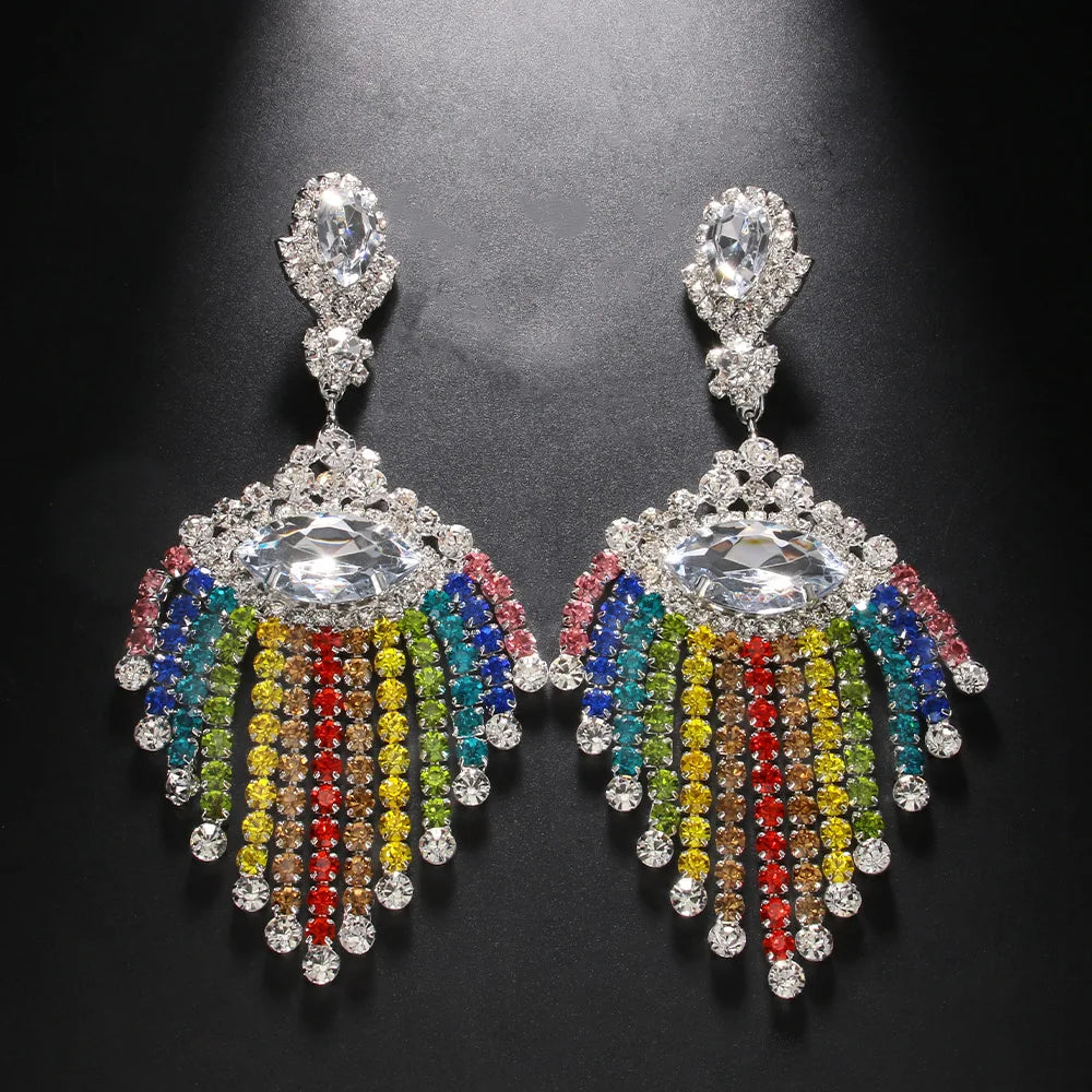Rainbow Rhinestone Fringe Drop Earrings