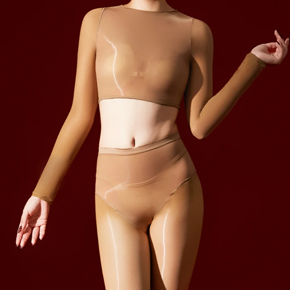 Sexy Women 5D 912 Pin Oil Glossy Shiny Short Top Elastic T-shirt Sheer See Through Maid Tights Crop Tops Yoga Street Wear