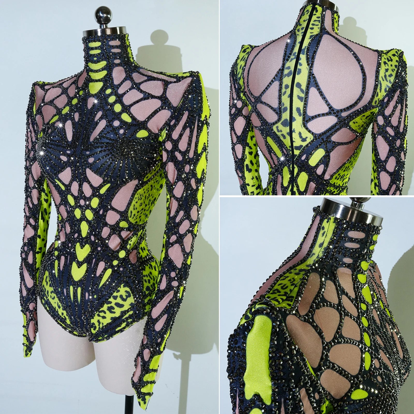 Futuristic Cyber Armor Rhinestone Bodysuit Mock Neck Sleeveless Stage Dance Costume