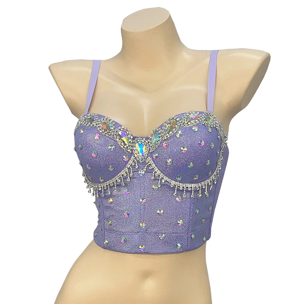 Sparkly Rhinestone Inlaid Corset Bra Top Nightclub Pole Dancing Costume