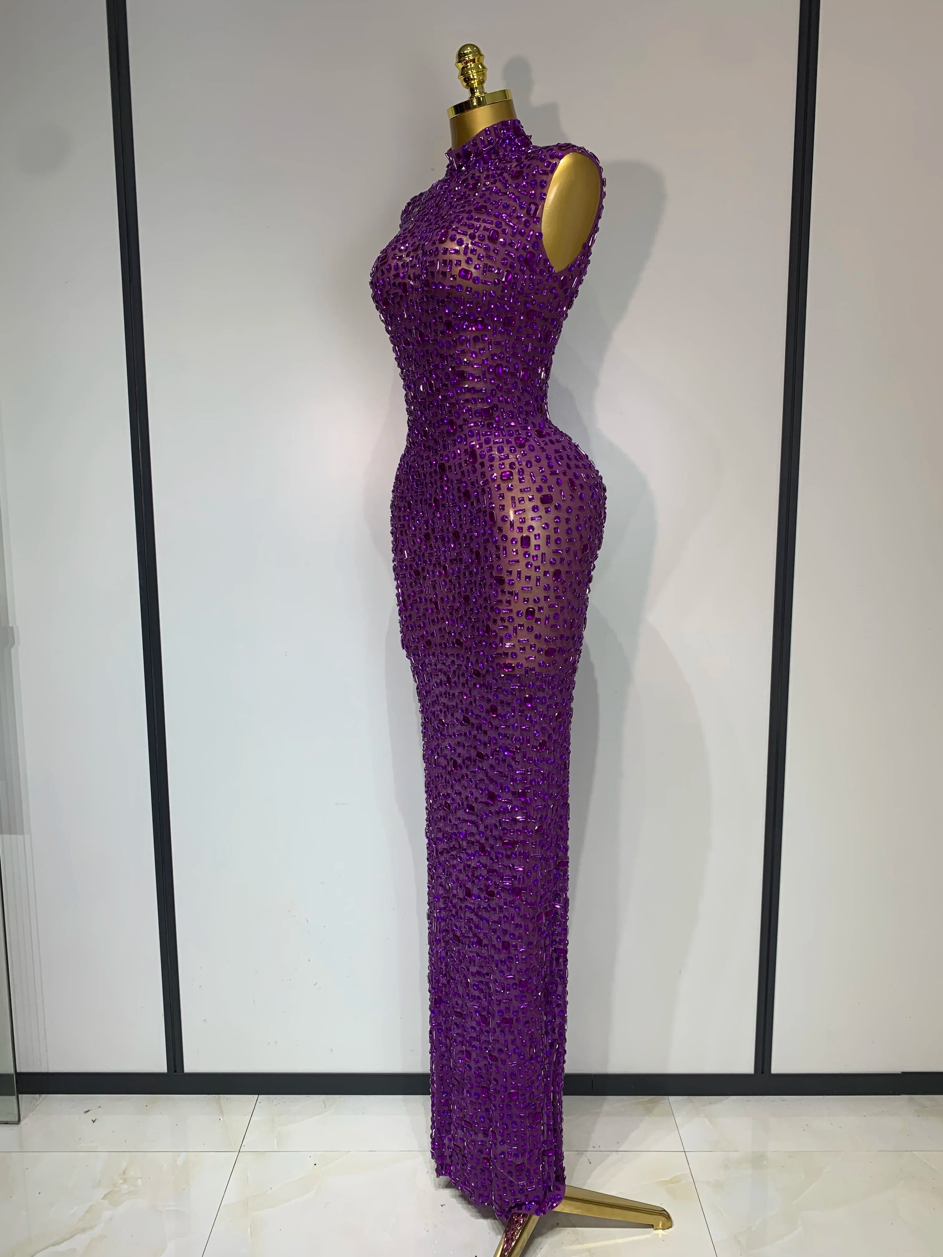 Sparkly Rhinestone Sleeveless Maxi Long Dress See-Through Sheer Mesh Stage Outfit