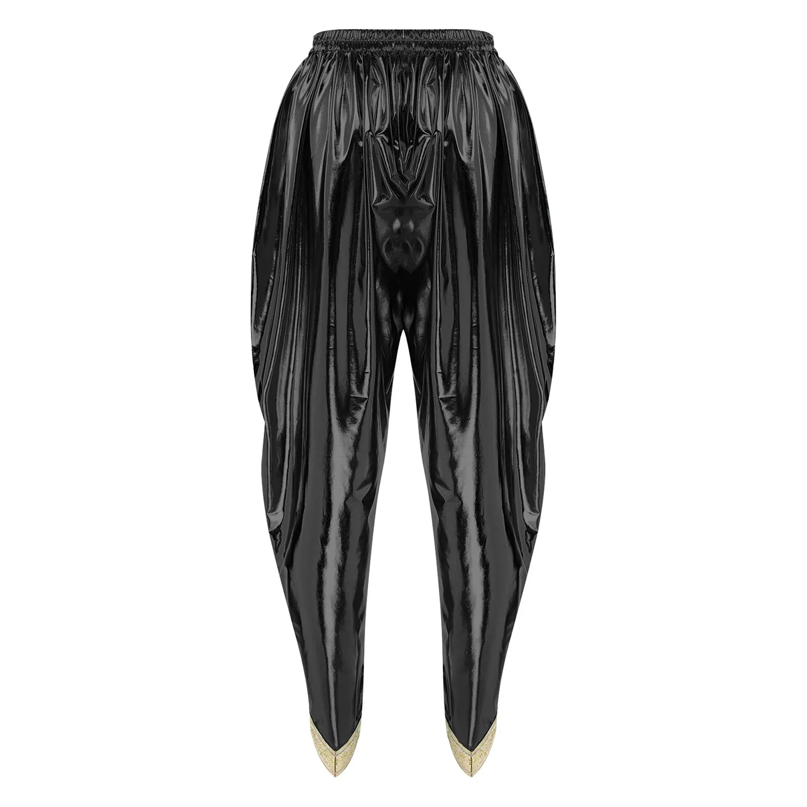 Men's Metallic Shiny Harem Dhoti Pants Gold Brocade Trim Prince Cosplay Costume