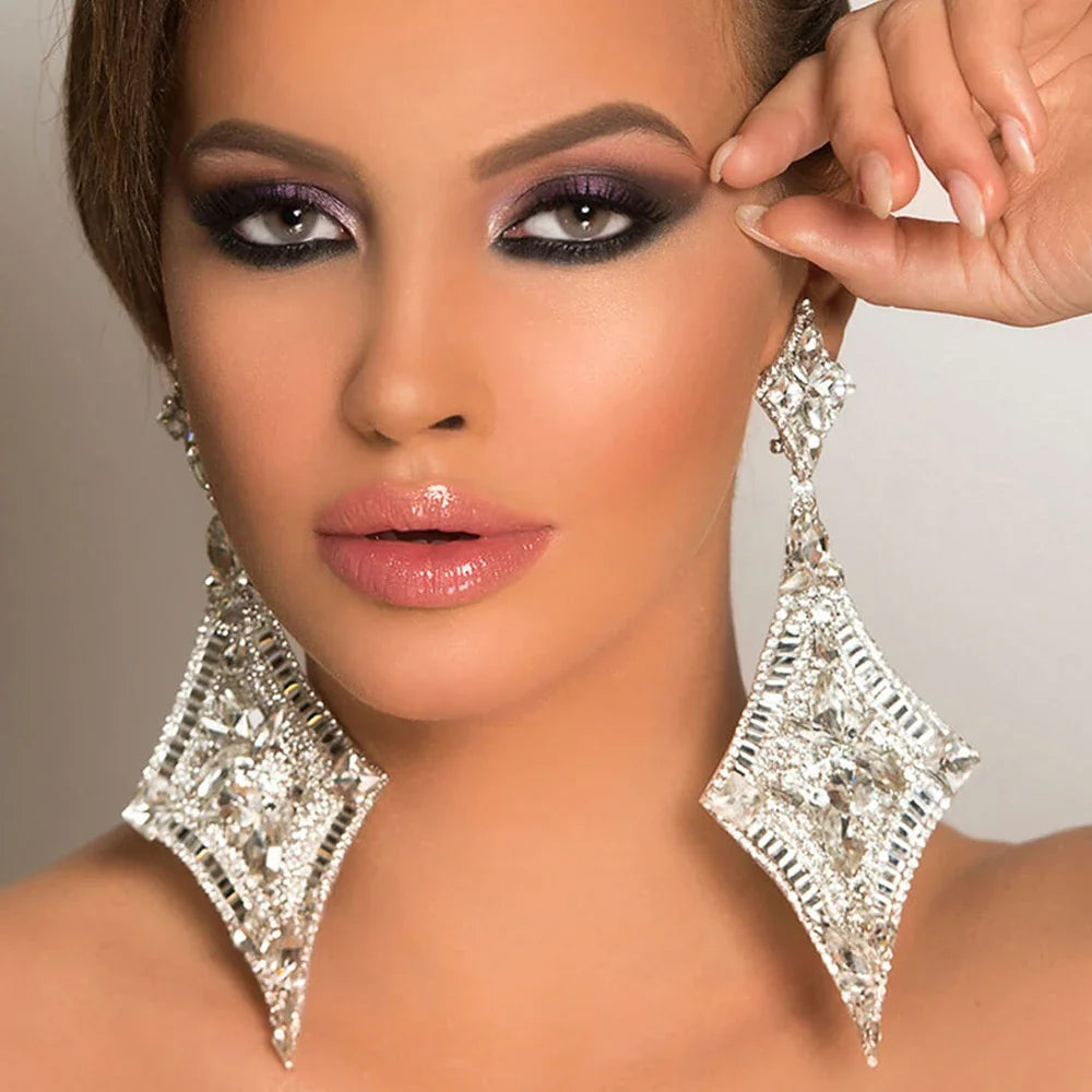 Oversized Glass Crystal Diamond Statement Drop Earrings Drag Queen Stage Jewelry