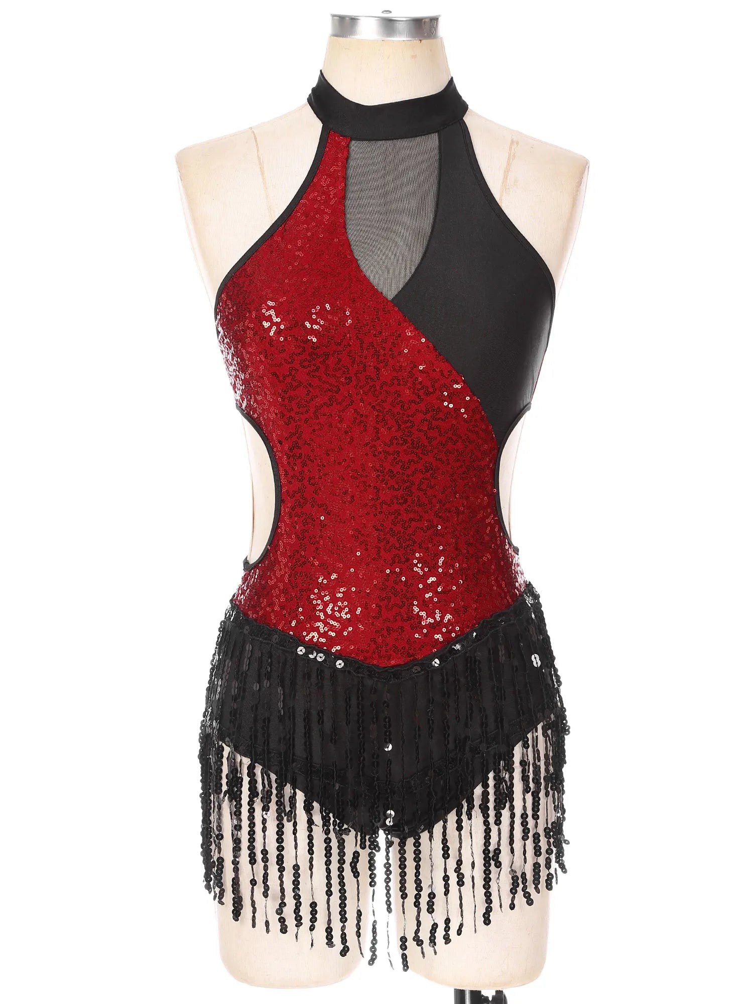 Sequined Fringe Latin Dance & Figure Skating Jumpsuit Leotard Set with Mesh Gloves