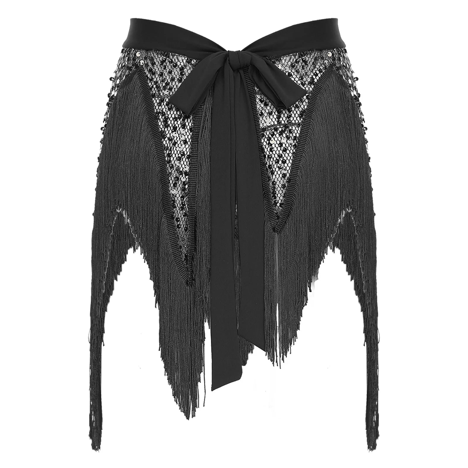 Glitter Sequin Fishnet Mesh Hip Scarf & Tassel Waist Wrap Belly Dance Skirt