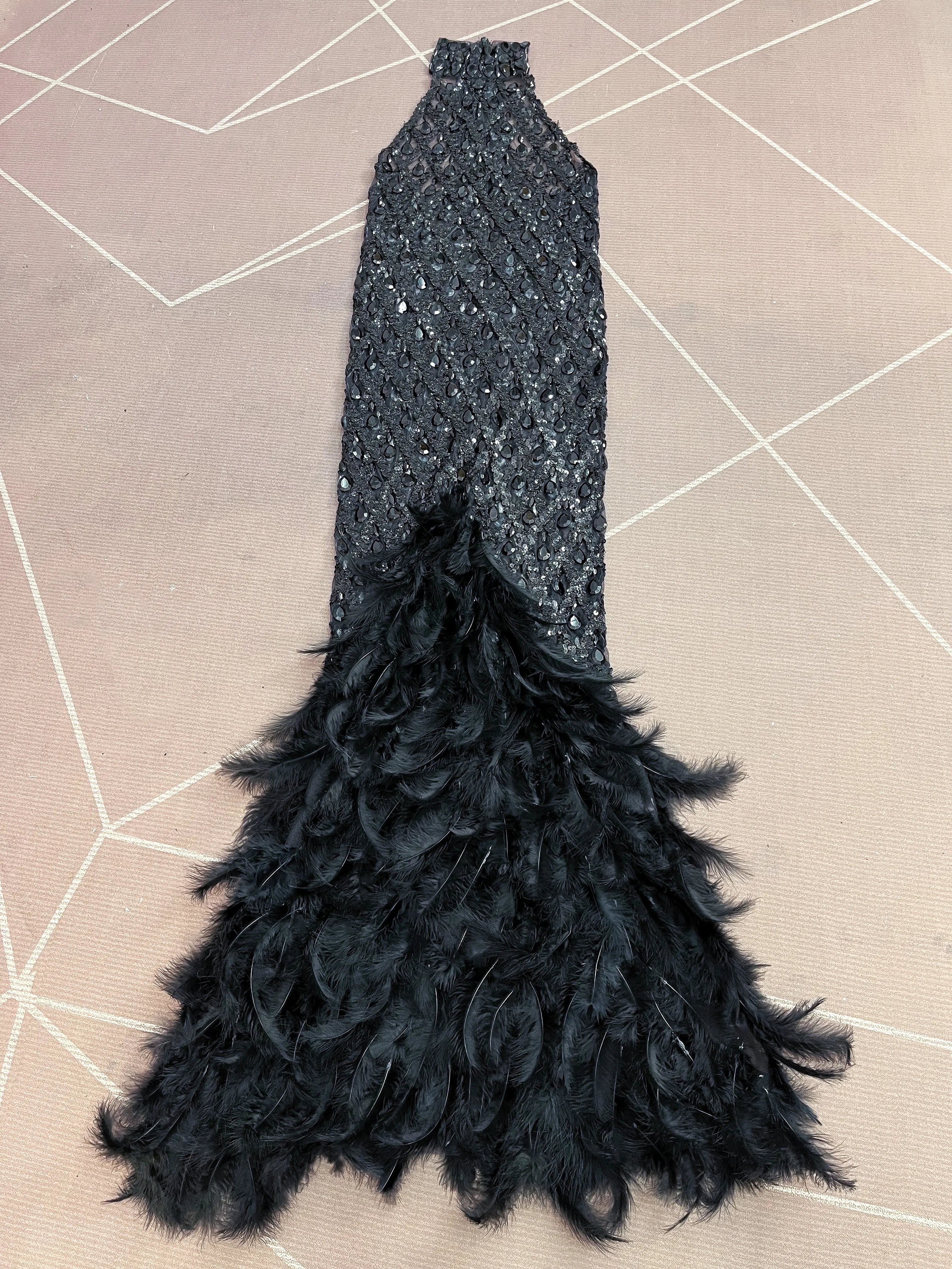 Sparkly Rhinestone Feather Sheer Mesh Evening Gown Stage Fashion Show Outfit