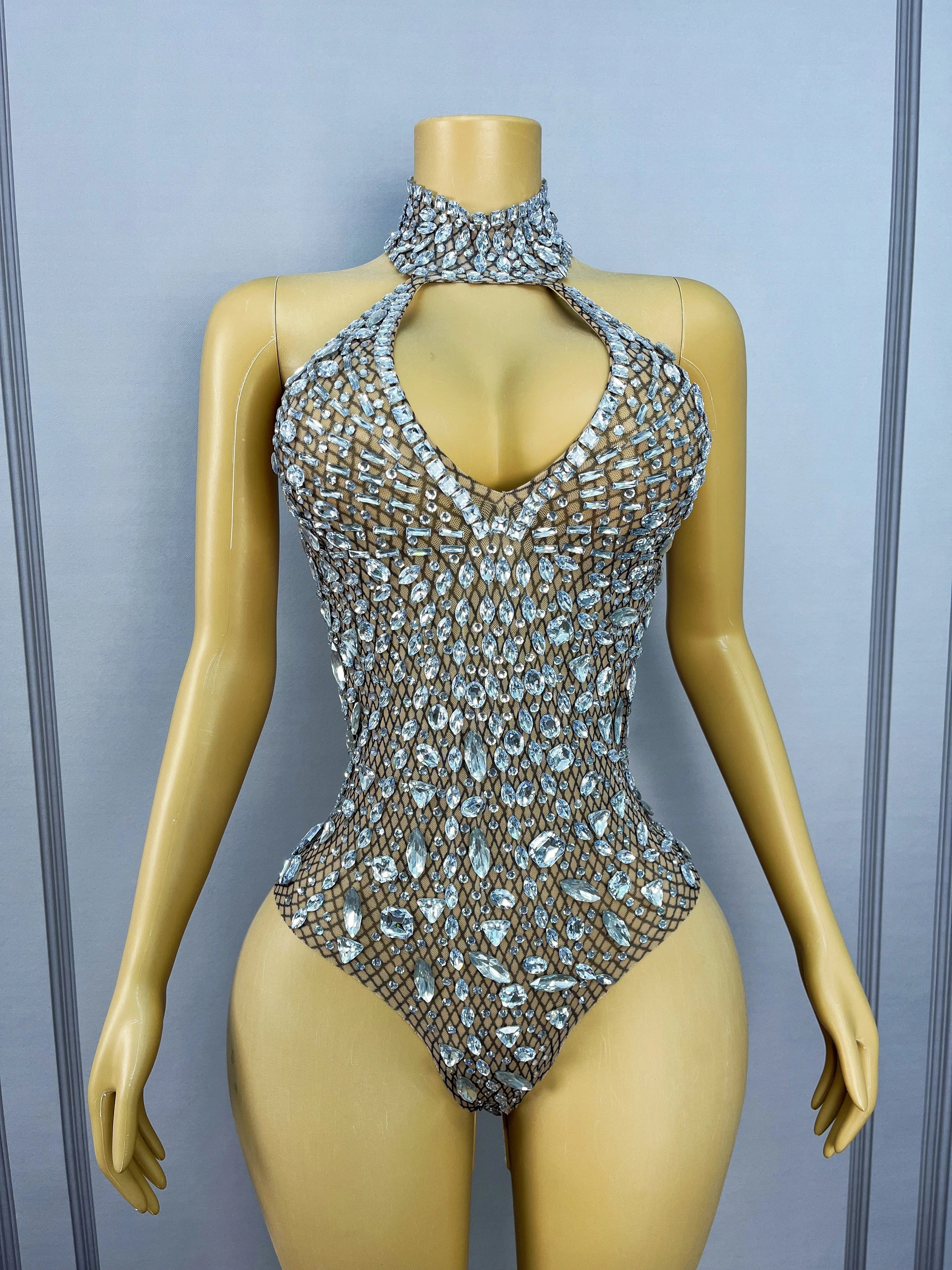 Silver Rhinestone High-Cut Backless Stage Bodysuit Dance Performance Leotard