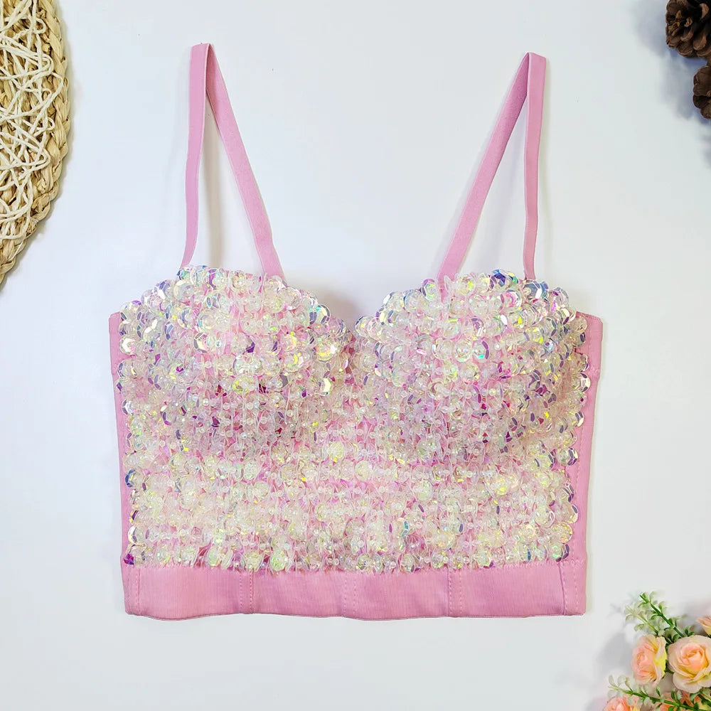 The Stardust Prism Siren – Sequined Glitter Bustier Corset Crop Top
