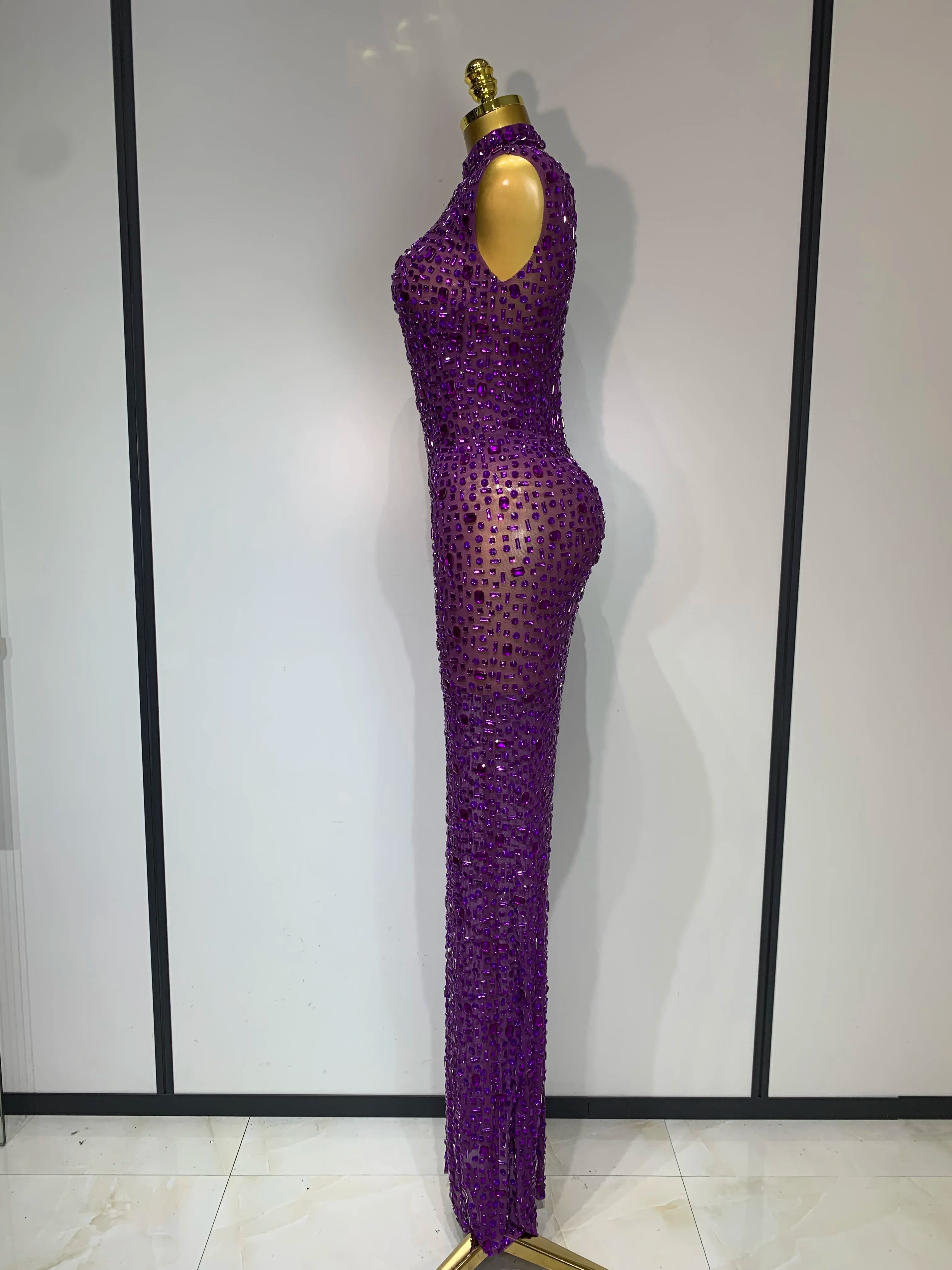 Sparkly Rhinestone Sleeveless Maxi Long Dress See-Through Sheer Mesh Stage Outfit