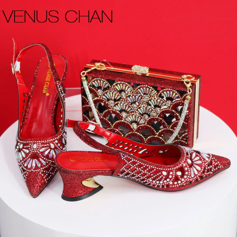 Italian Design Slope Heel Sequin Elegant Shoes and Bag Set