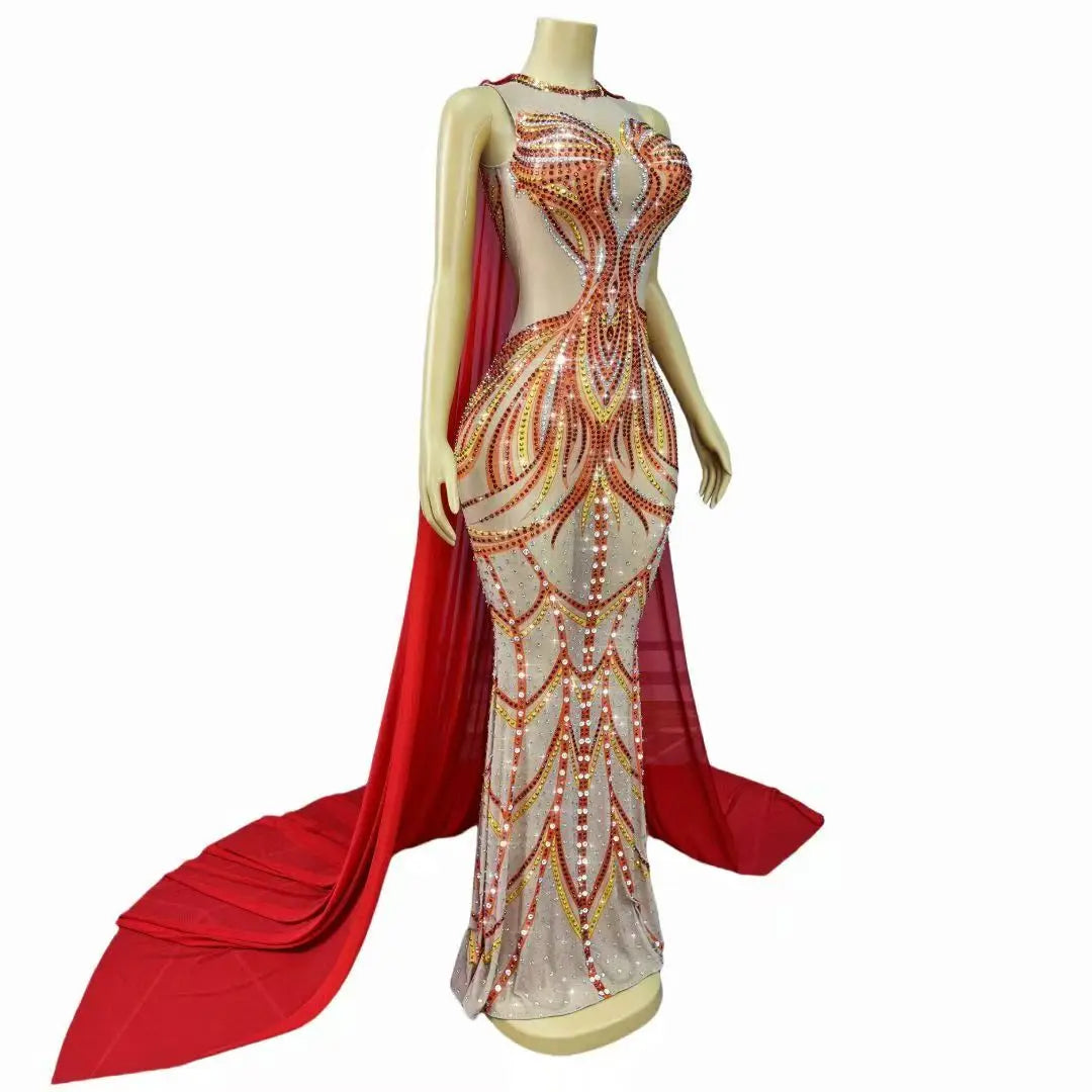 Women's Rhinestone Mesh Cloak Gown | Elegant Shining Stage Dress for Red Carpet, Prom & Birthday