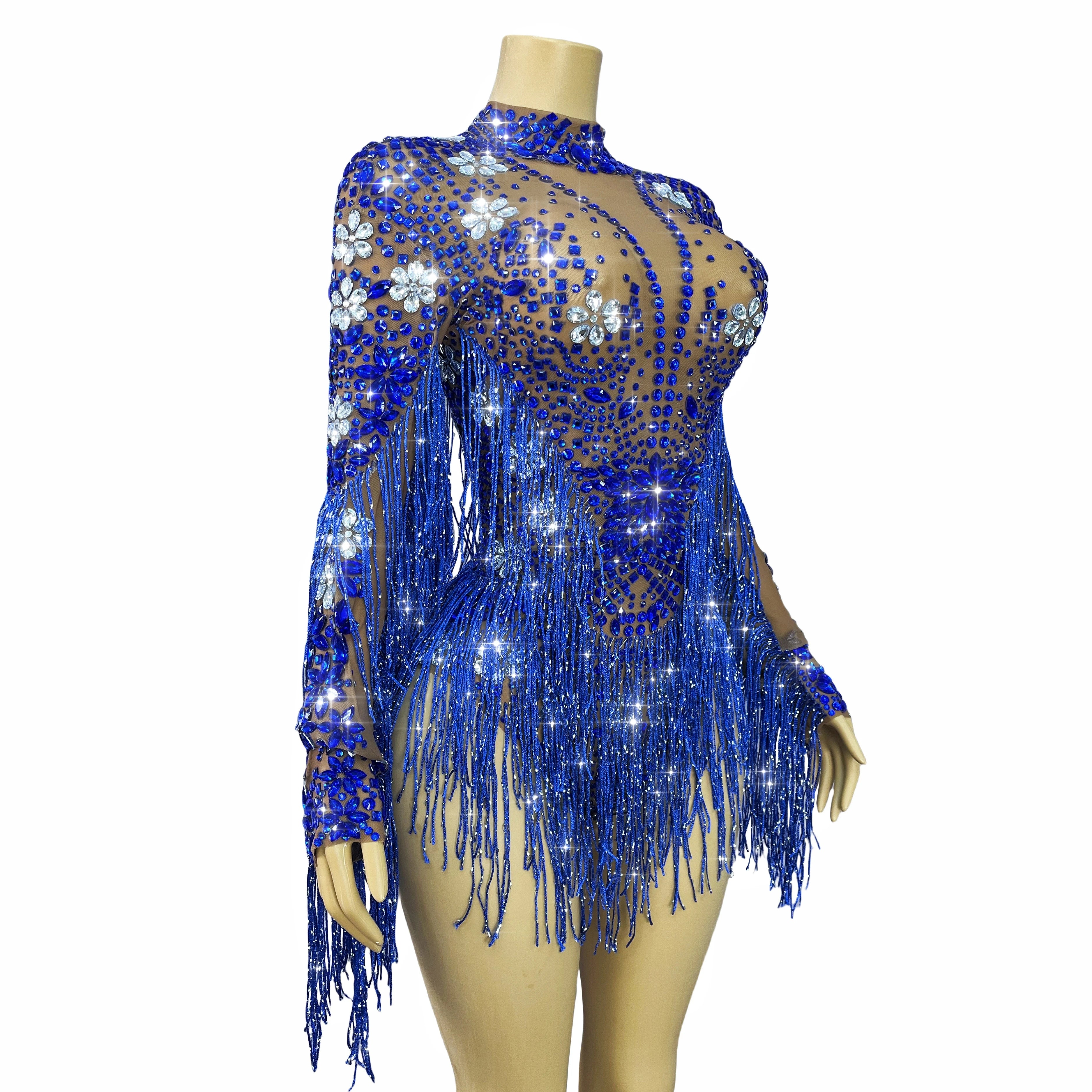 Sparkly Rhinestone Tassel High-Cut Stage Performance Bodysuit Dance Leotard