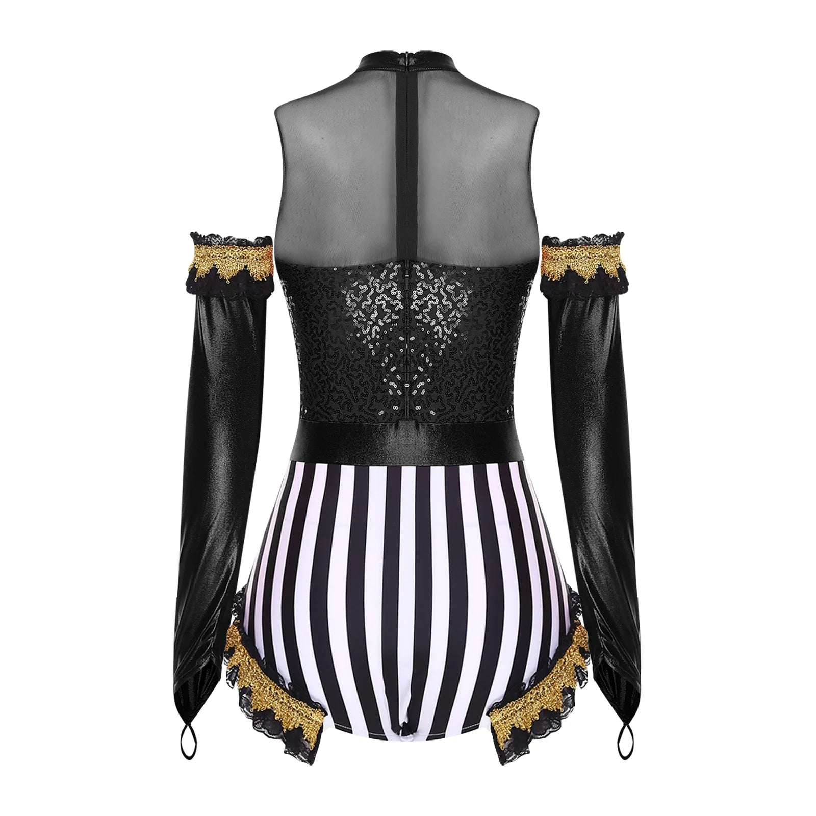 Circus Ringmaster Sequin Striped Bodysuit & Metallic Gloves 2-Piece Stage Costume Set