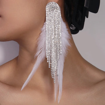 Boho Tassel Feather Drop Earrings – Crystal Dangle Earrings for Women, Gold or Silver Plated Bridal & Wedding Jewelry