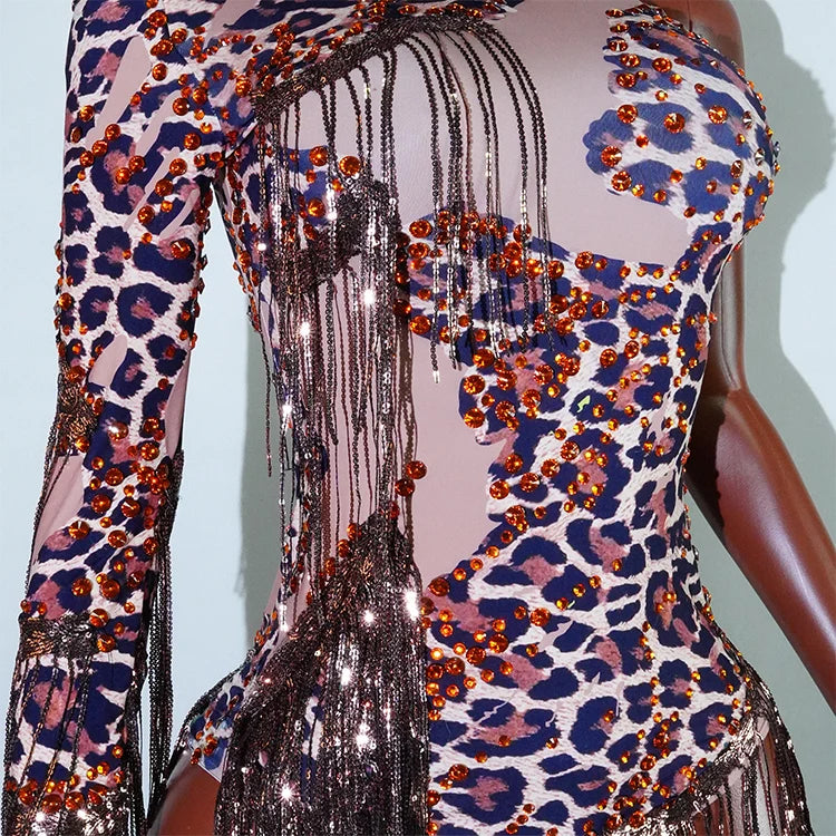 Leopard Sequin Fringe Asymmetrical Bodysuit One-Sleeve Stage Performance Costume