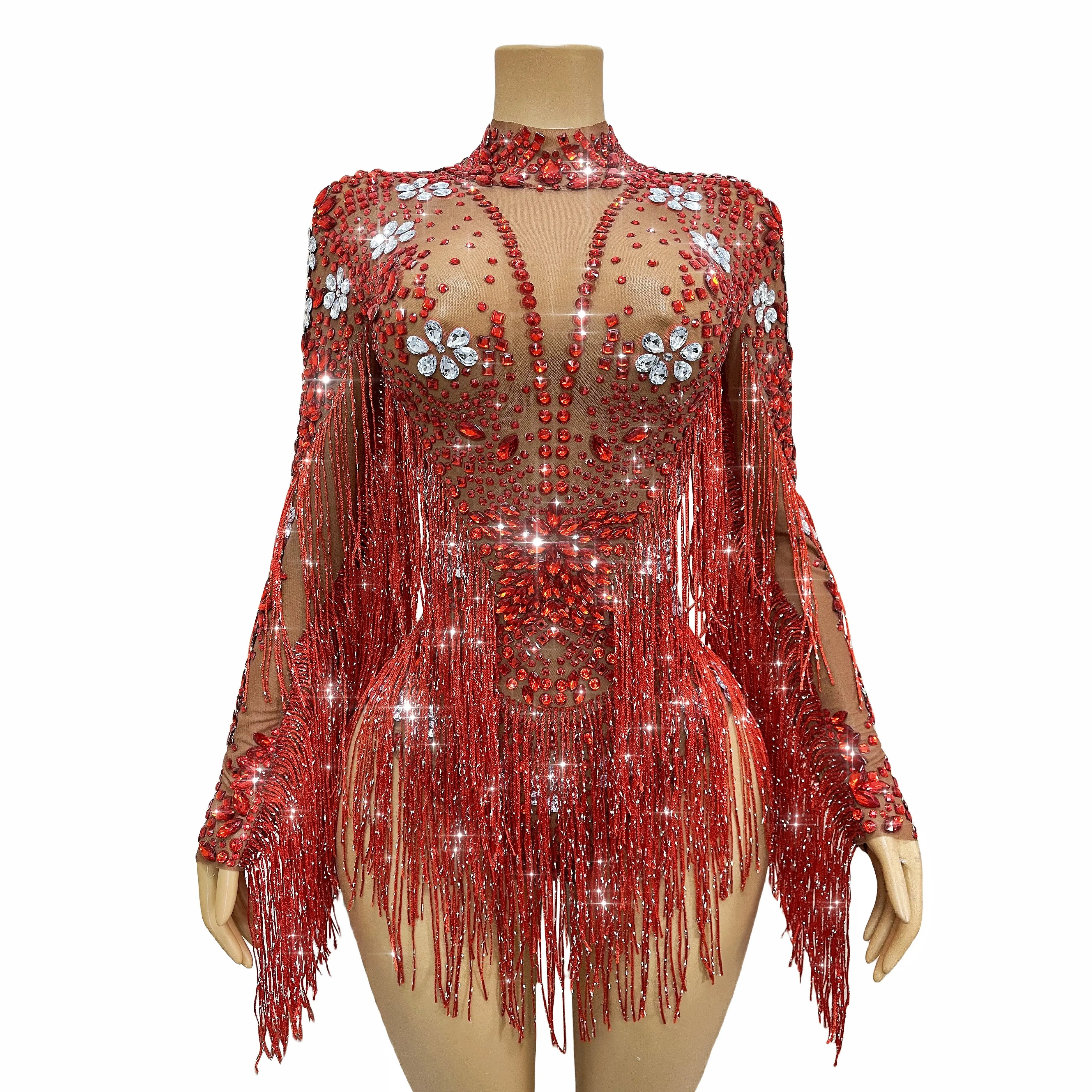 Sparkly Rhinestone Tassel High-Cut Stage Performance Bodysuit Dance Leotard
