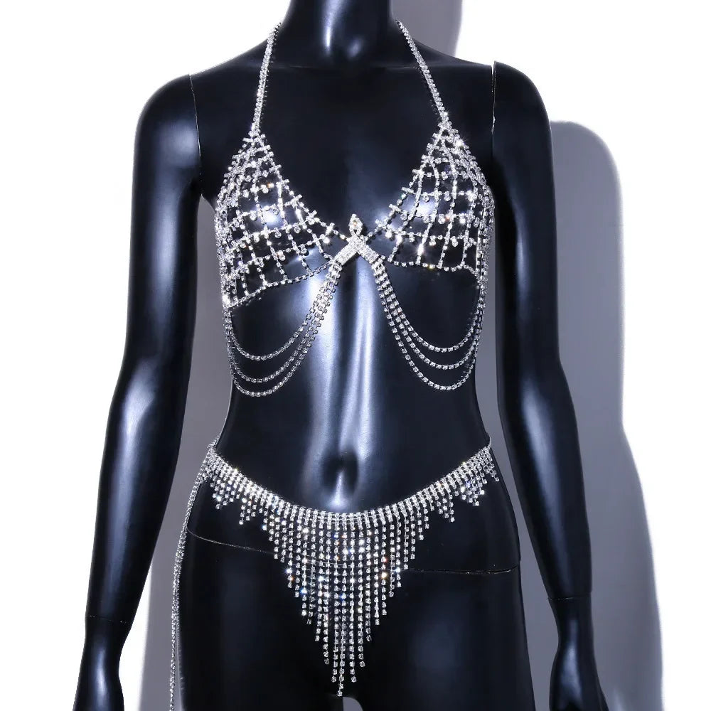 Rhinestone Chain Bra And Thong Set