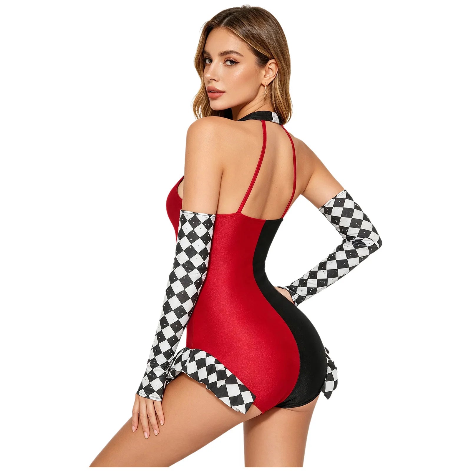 Circus Harlequin Clown Plaid Halter Bodysuit & Arm Sleeves 2-Piece Cosplay Costume Set