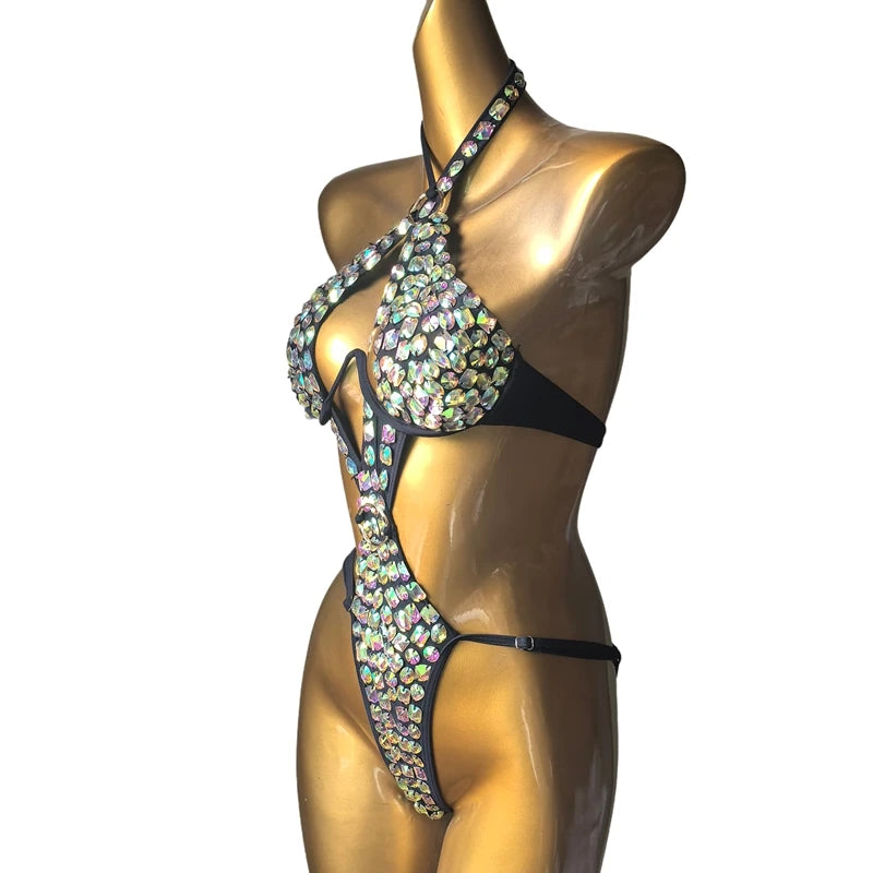 Cut-Out Rhinestone Bandage Performance Set – Shimmering Crystal Push-Up Costume & Open-Front Leotard Accent for Raves & GoGo Dancers
