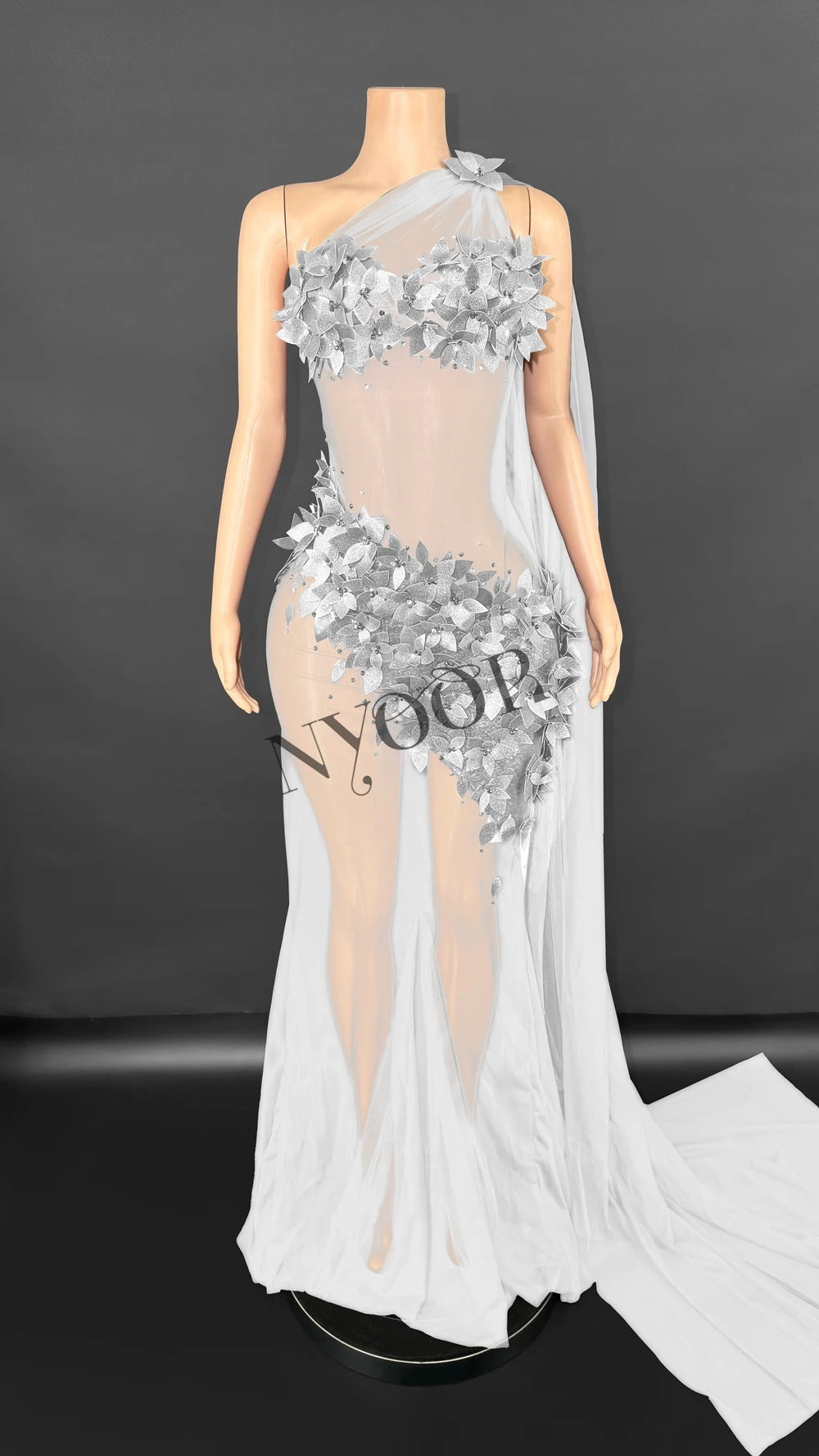 Sheer Rhinestone Applique Evening Gown Long Tail Showgirl Stage Performance Dress