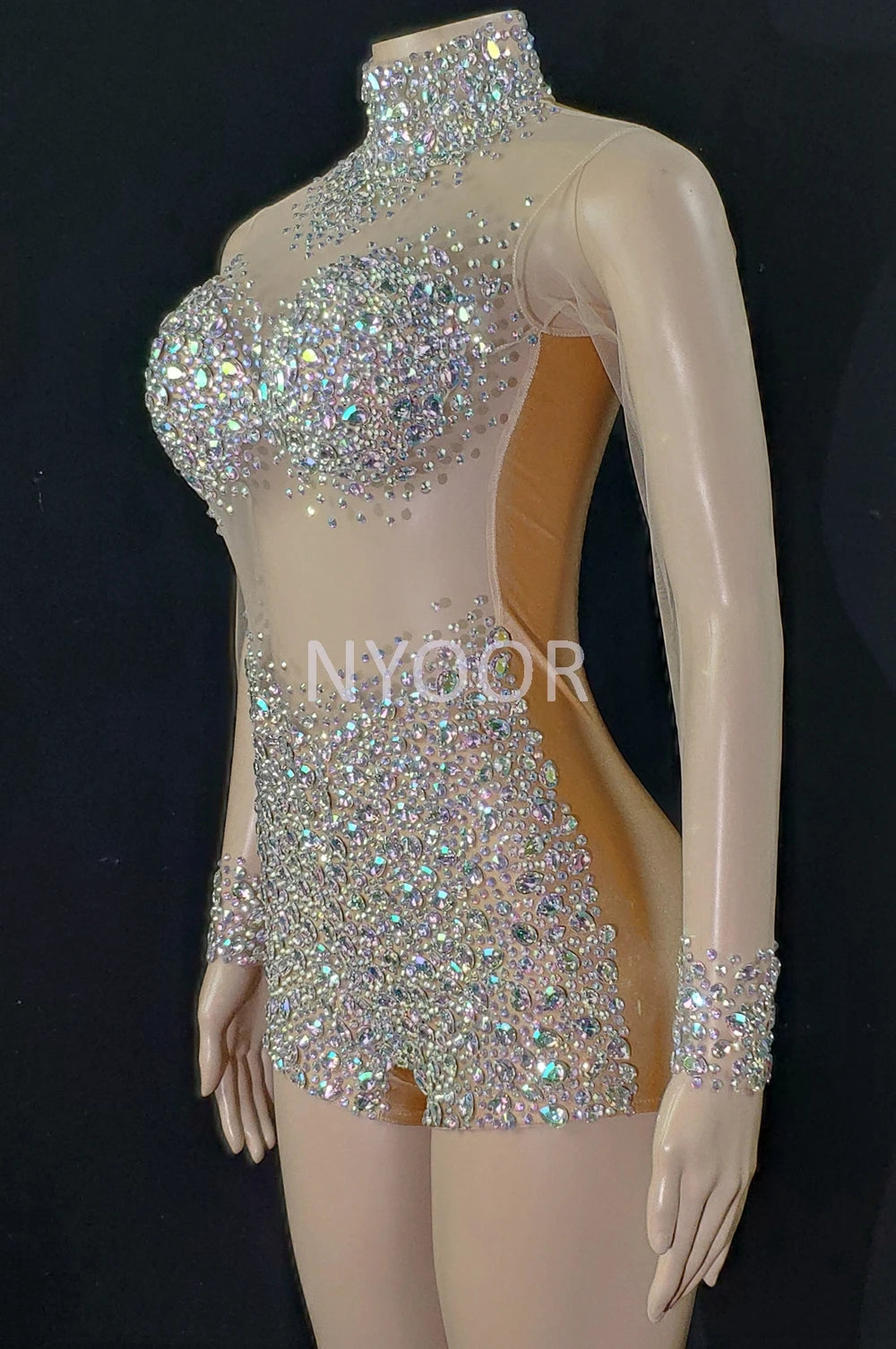 Luxurious AB Crystal Rhinestone Stage Dance Costume Illusion Romper