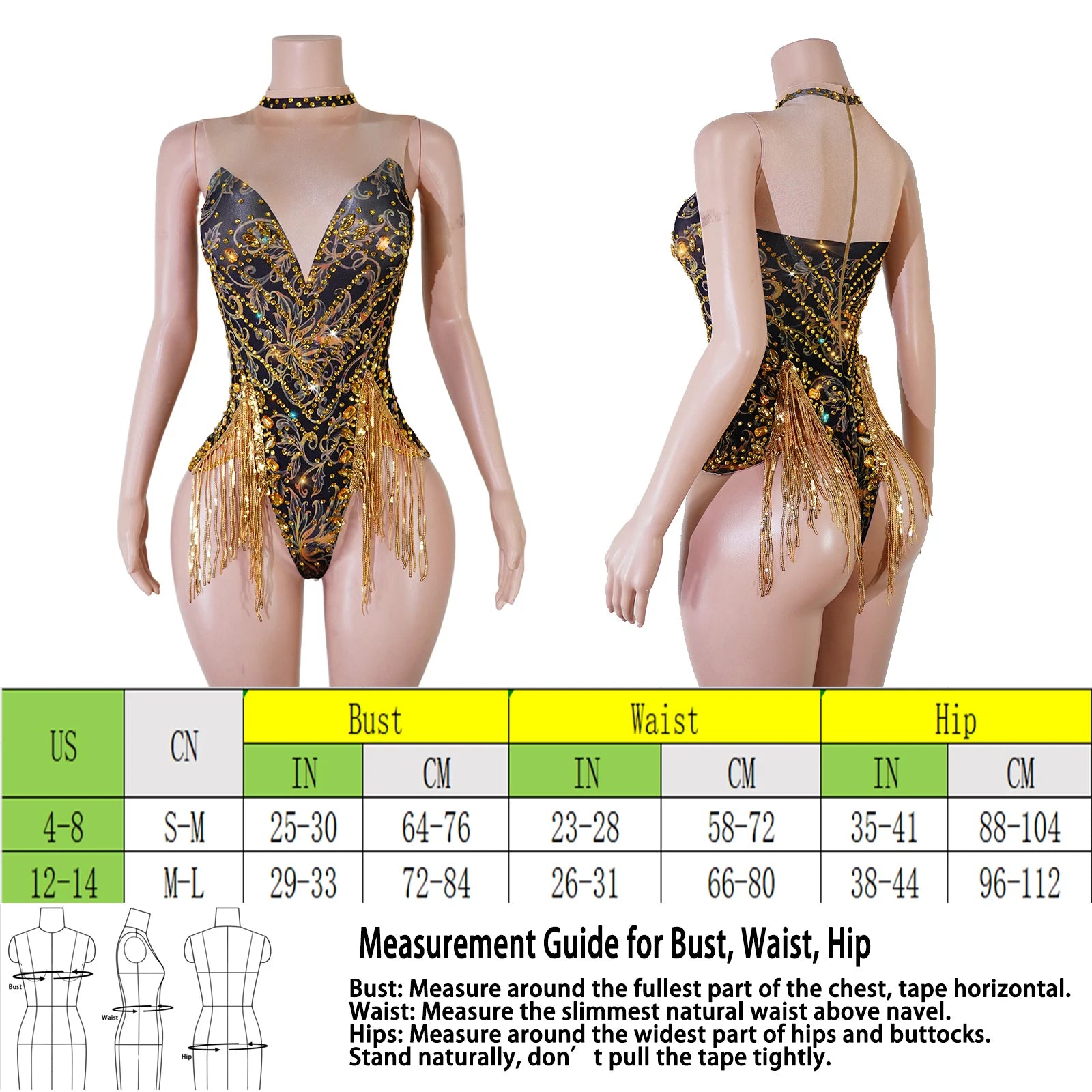 Gold Sequin Halter Bodysuit & Beaded Tassel Fringe Latin Dance Stage Costume