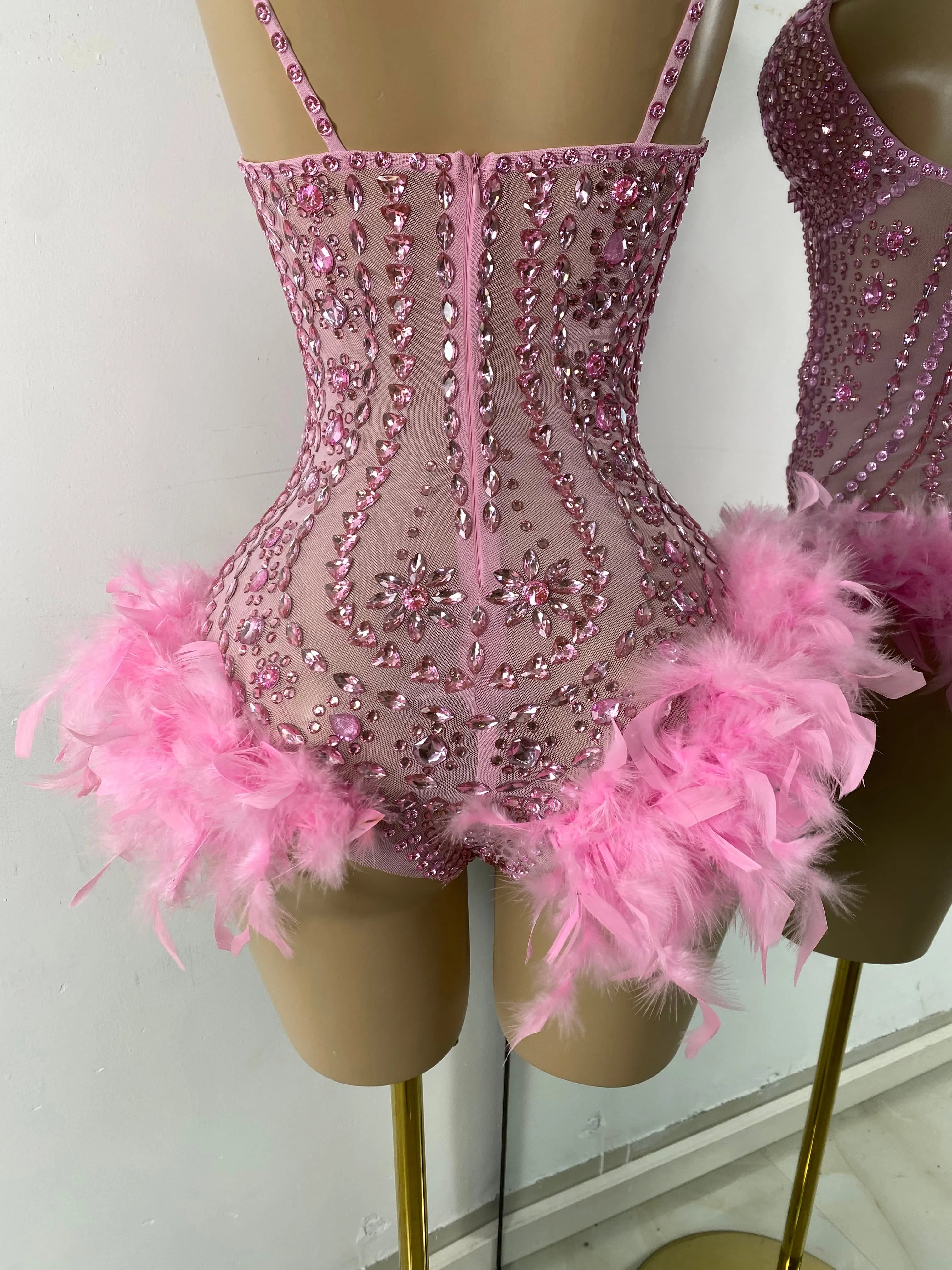 The Stardust Follies Feather Bodysuit – Luxury Rhinestone & Mesh Showgirl Costume