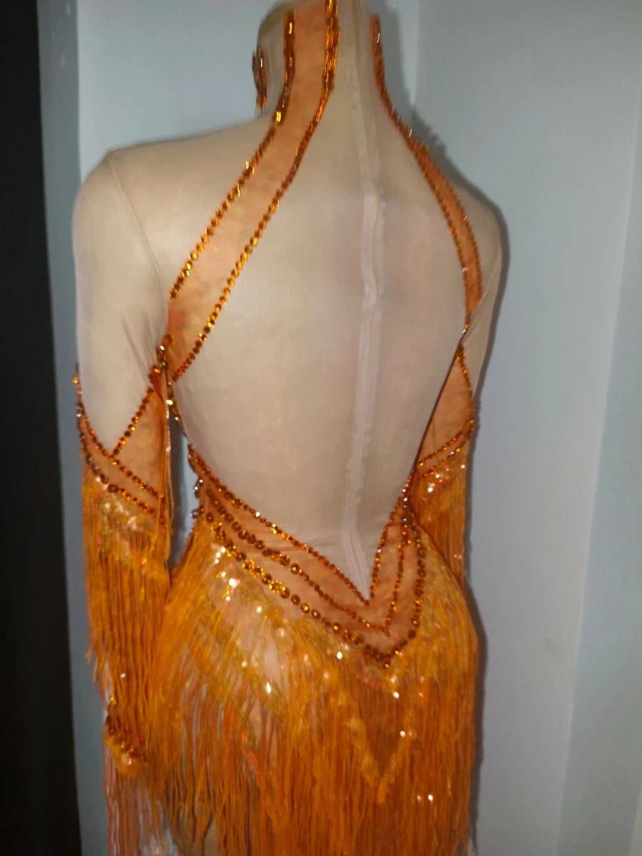 Orange Sparkly Crystal Fringe Bodysuit Off-Shoulder Stage Performance Costume Leotard