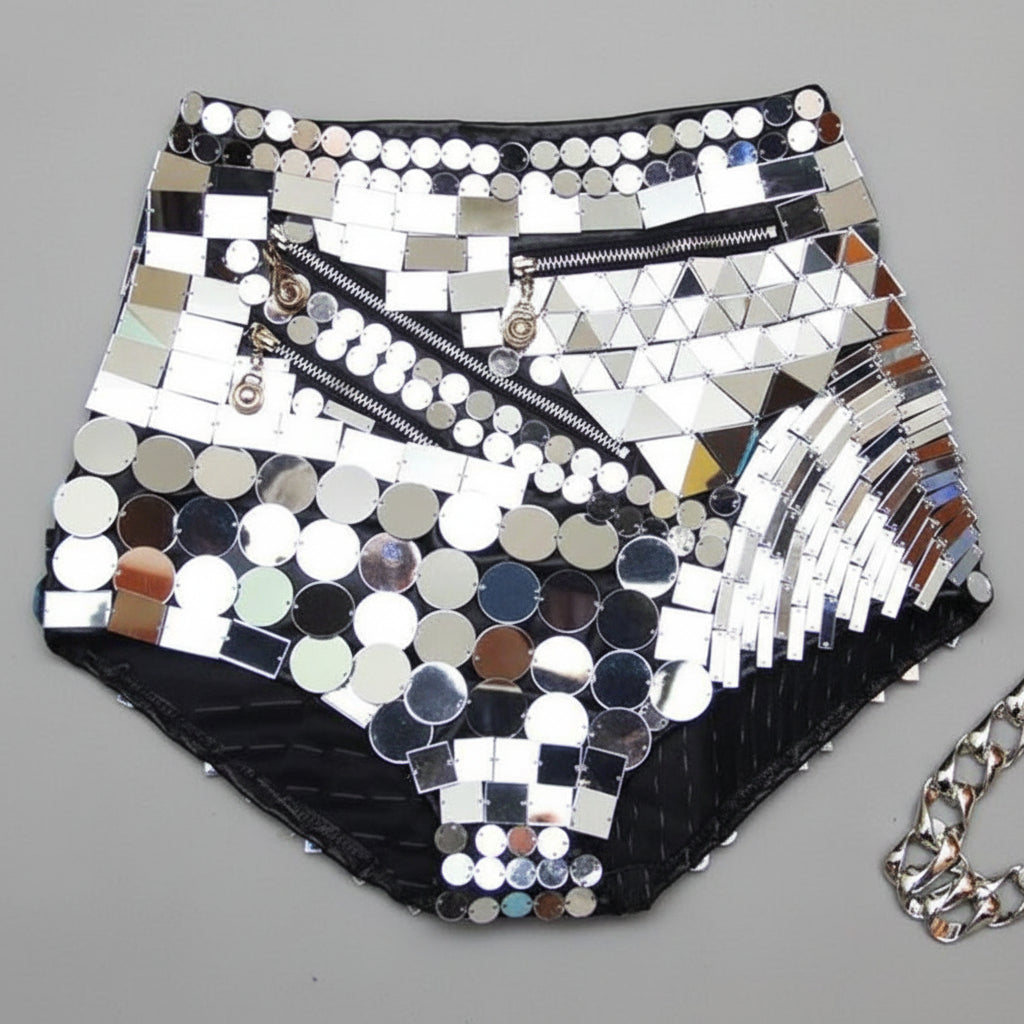 Luxury Reflective Mirror Halter Bra & High-Waisted Shorts Set