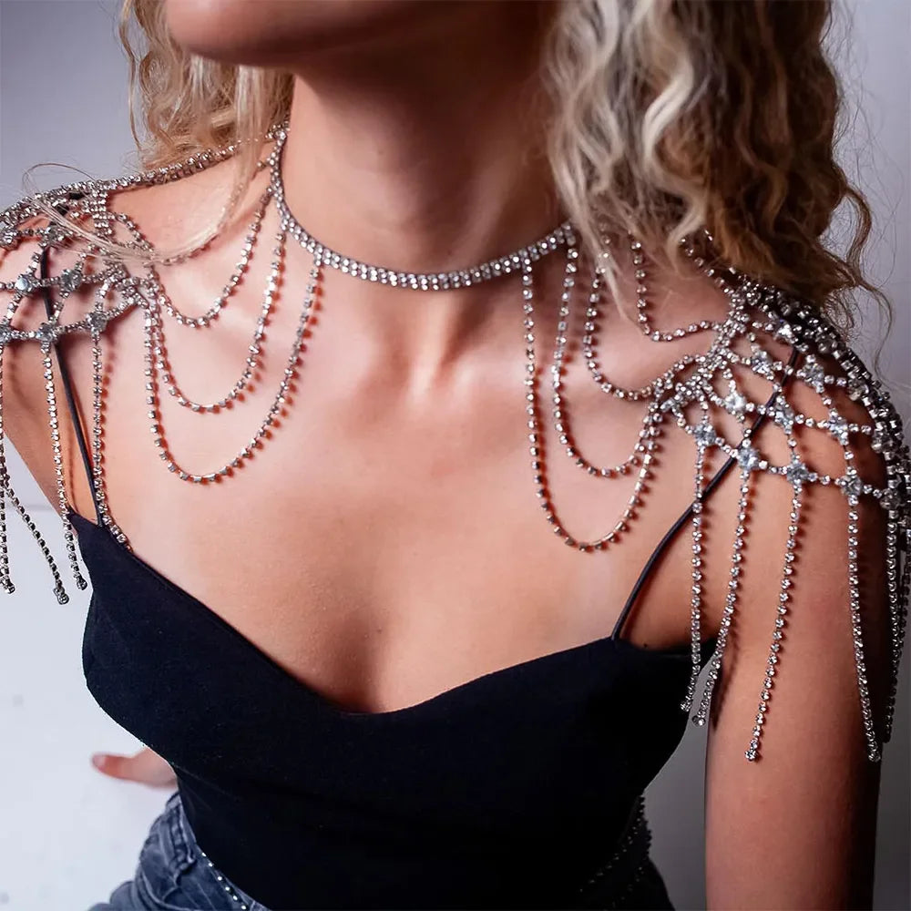 Oversized Crystal Rhinestone Shoulder Chain Tassel Harness Drag Queen Stage Jewelry