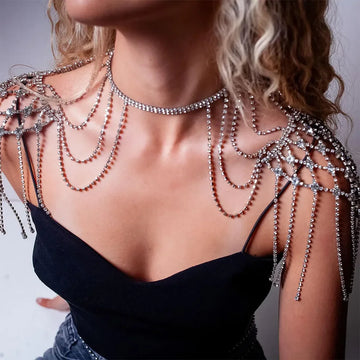 Oversized Crystal Rhinestone Shoulder Chain Tassel Harness Drag Queen Stage Jewelry