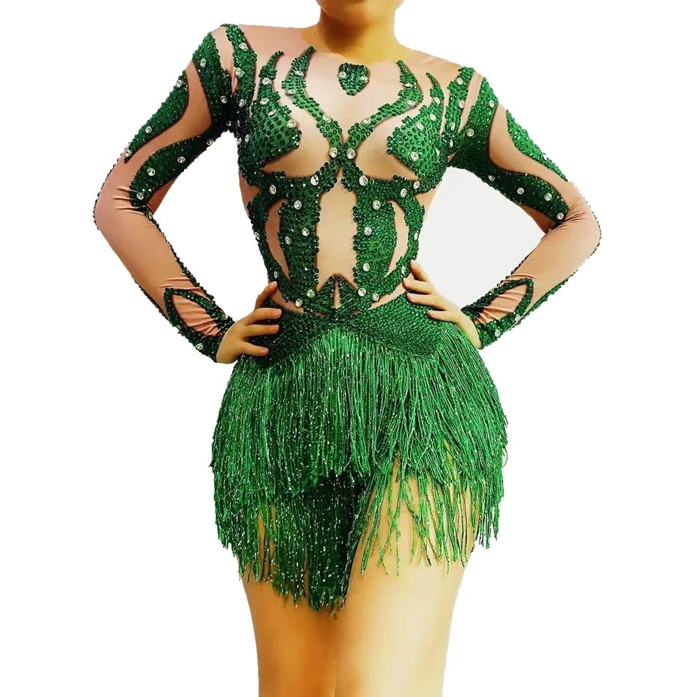 Sparkly Green Crystal & Tassel Fringe Bodysuit Stage Performance Costume