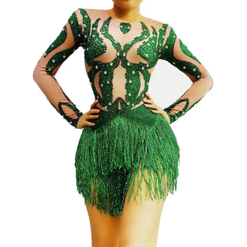 Sparkly Green Crystal & Tassel Fringe Bodysuit Stage Performance Costume