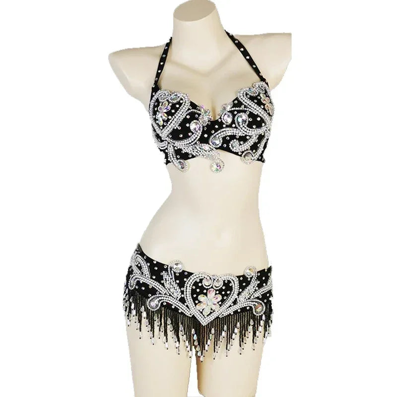 Dazzling Beaded Crystal Belly Dance Bra & Belt 2-Piece Costume Set