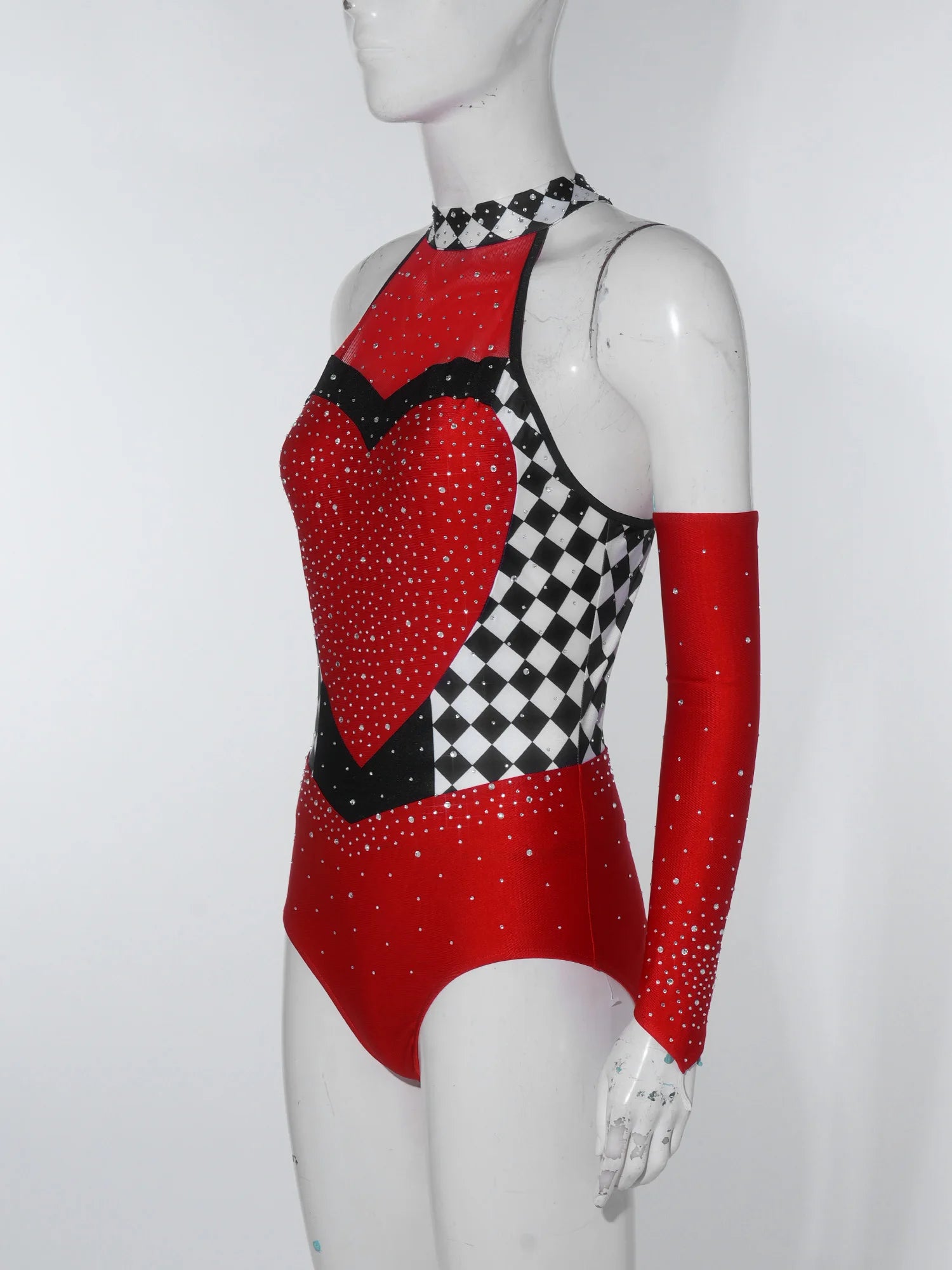 Queen of Hearts Rhinestone Halter Bodysuit & Sleeves Checkered Circus Stage Costume Set