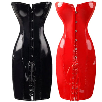 Steampunk PU Leather Overbust Corset Dress & Long Torso Waist Trainer